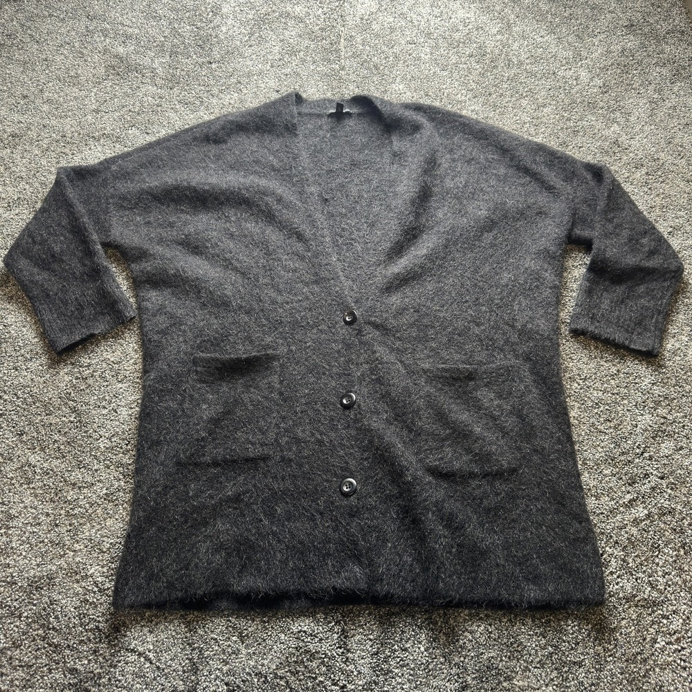 Eileen Fisher Cardigan Womens L Gray Mohair V-Neck Oversized Pockets Relaxed Fit